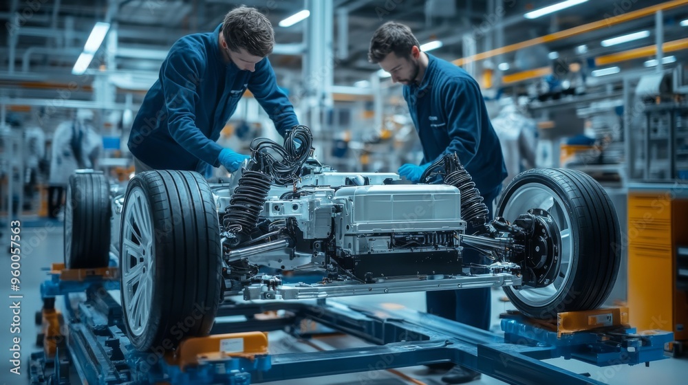 Automotive Engineers Working on Electric Vehicle Chassis Automotive Engineers Working on Electric Vehicle Chassis