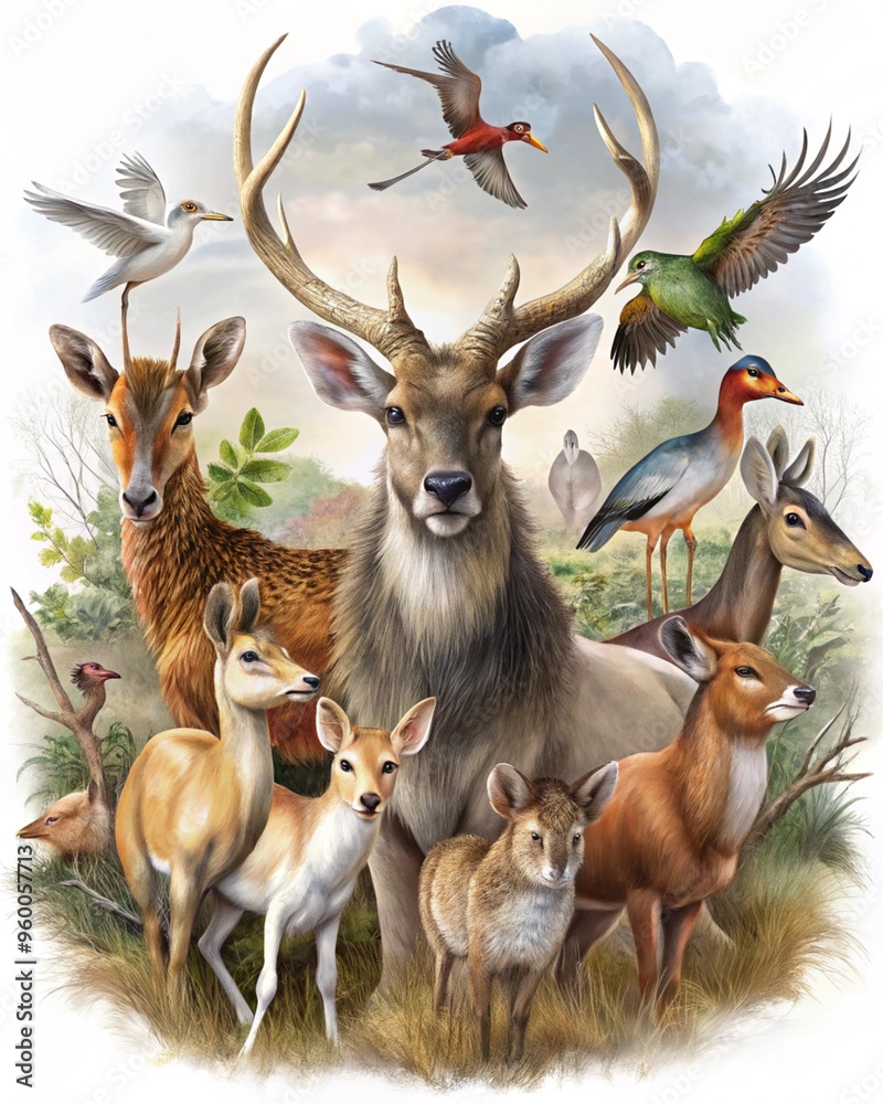 Naklejka premium Realistic Wildlife Art – Majestic Deer and Forest Animals