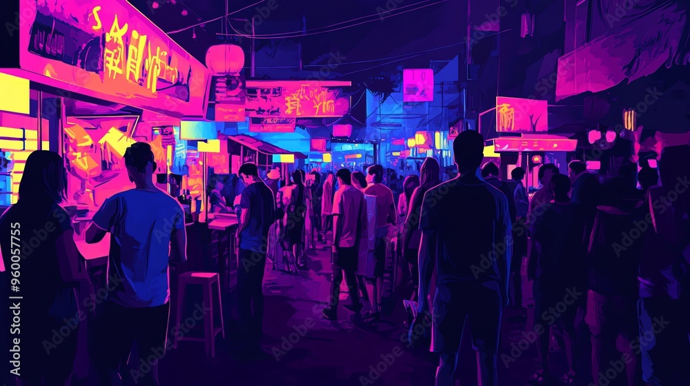 Neon-lit Night Market Street Scene with Crowds Neon-lit Night Market Street Scene with Crowds