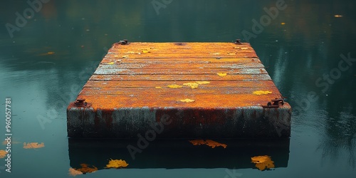 Rusty Wooden Dock With Fallen Autumn Leaves Floating In Calm Water photo