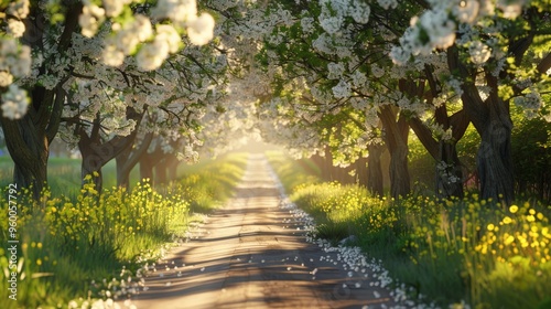 A peaceful countryside lane lined with trees in full bloom