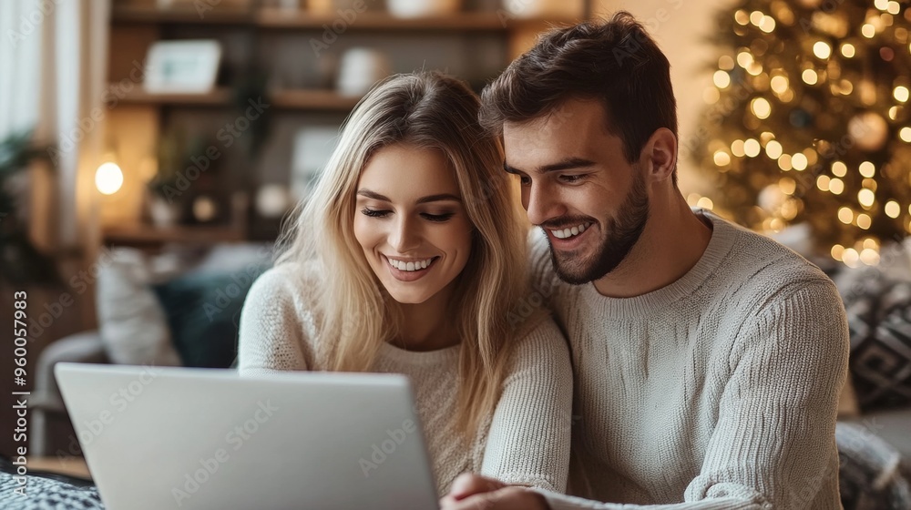 Happy couple using laptop in cozy living room during Christmas Happy couple using laptop in cozy living room during Christmas
