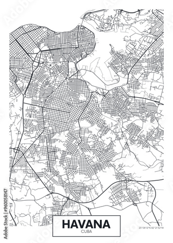 City map Havana, detailed urban planning travel vector poster design
