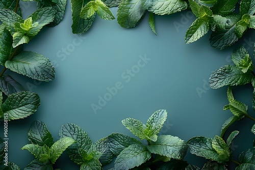 Fresh Mint Leaves Frame with Green Background Natural Border Design for Herbal Products and Eco-friendly Promotions photo