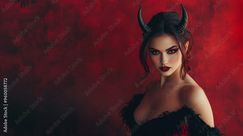 A captivating woman with devil horns, striking a bold pose against a dramatic red backdrop, embodying dark elegance and allure. A captivating woman with devil horns, striking a bold pose against a dramatic red backdrop, embodying dark elegance and allure.
