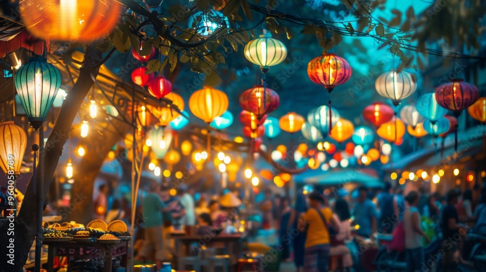 Obraz premium A vibrant street market with colorful lanterns and lively crowds,