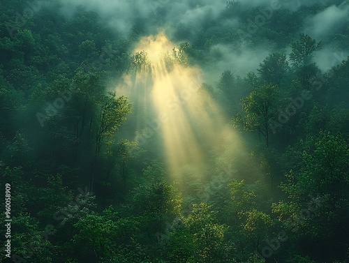 foggy morning in a dense forest with sunlight barely breaking through the mist and a soft, ethereal atmosphere