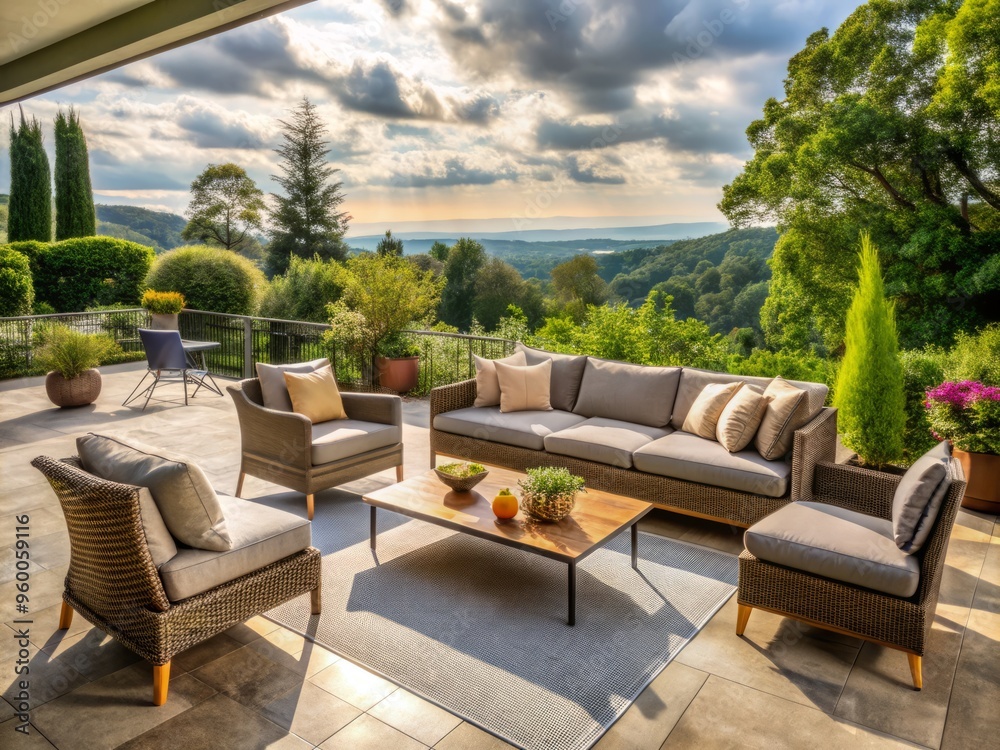 Fototapeta premium Comfortable and stylish outdoor furniture is arranged on a spacious patio, providing a serene atmosphere, and offers