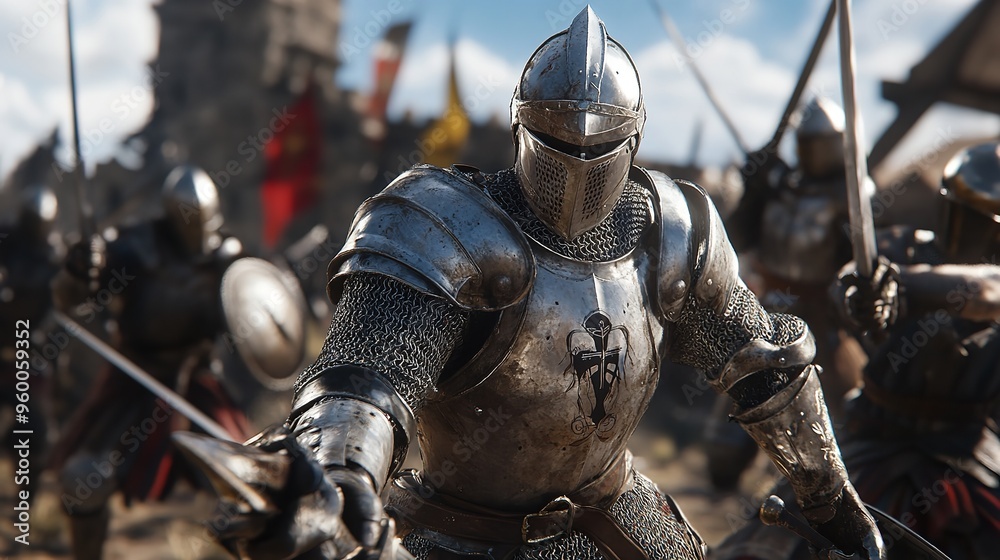 A line of medieval knights in full armor, with swords and shields ...