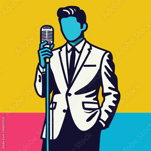 Singer holding a microphone to sing, male announcer wearing a suit holding a microphone. Vector illustration