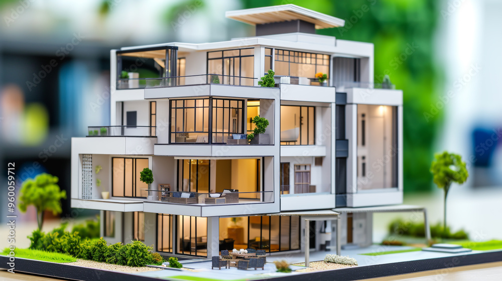 A two-story model home made of glass and metal A two-story model home made of glass and metal