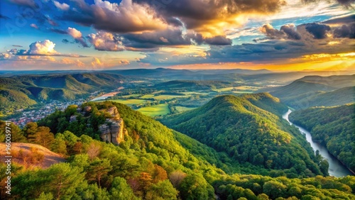 Panoramic view from Lookout Mountain, Tennessee, showcasing breathtaking vistas of seven surrounding states, with rolling hills, lush forests, and distant mountain ranges. photo