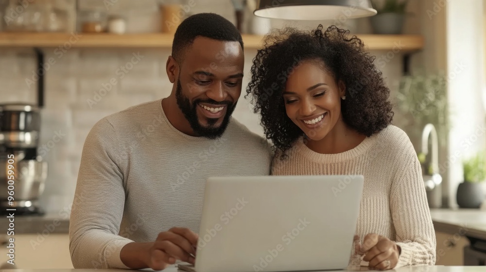 Happy Couple Using Laptop in Modern Kitchen Happy Couple Using Laptop in Modern Kitchen