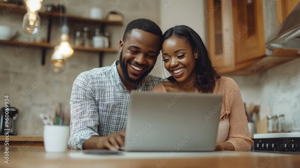 Couple Using Laptop in Kitchen Couple Using Laptop in Kitchen