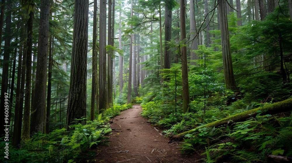 A dirt path winds through a lush green forest. A dirt path winds through a lush green forest.