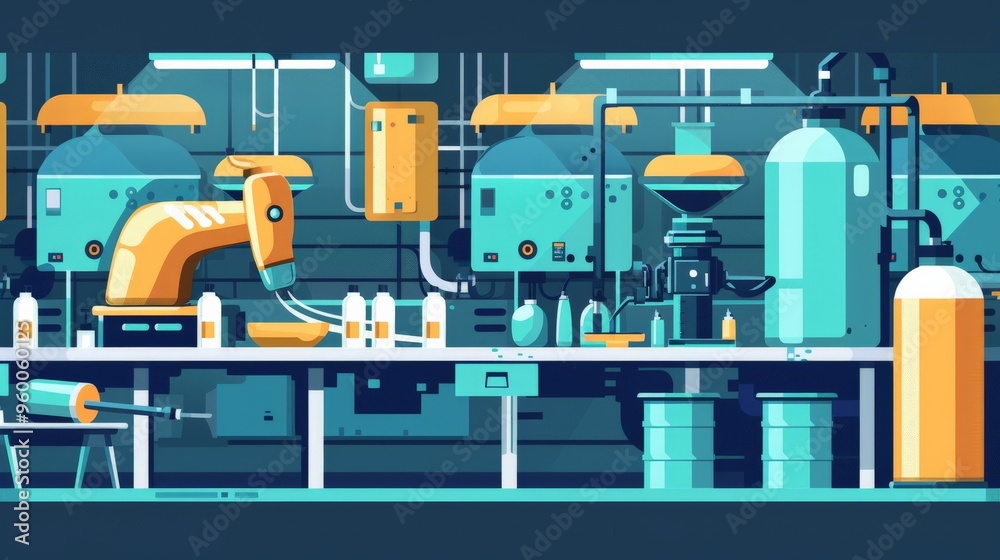 Fototapeta premium Scene of an industrial paint shop spraying components flat design side view coating processes theme cartoon drawing Split-complementary color scheme