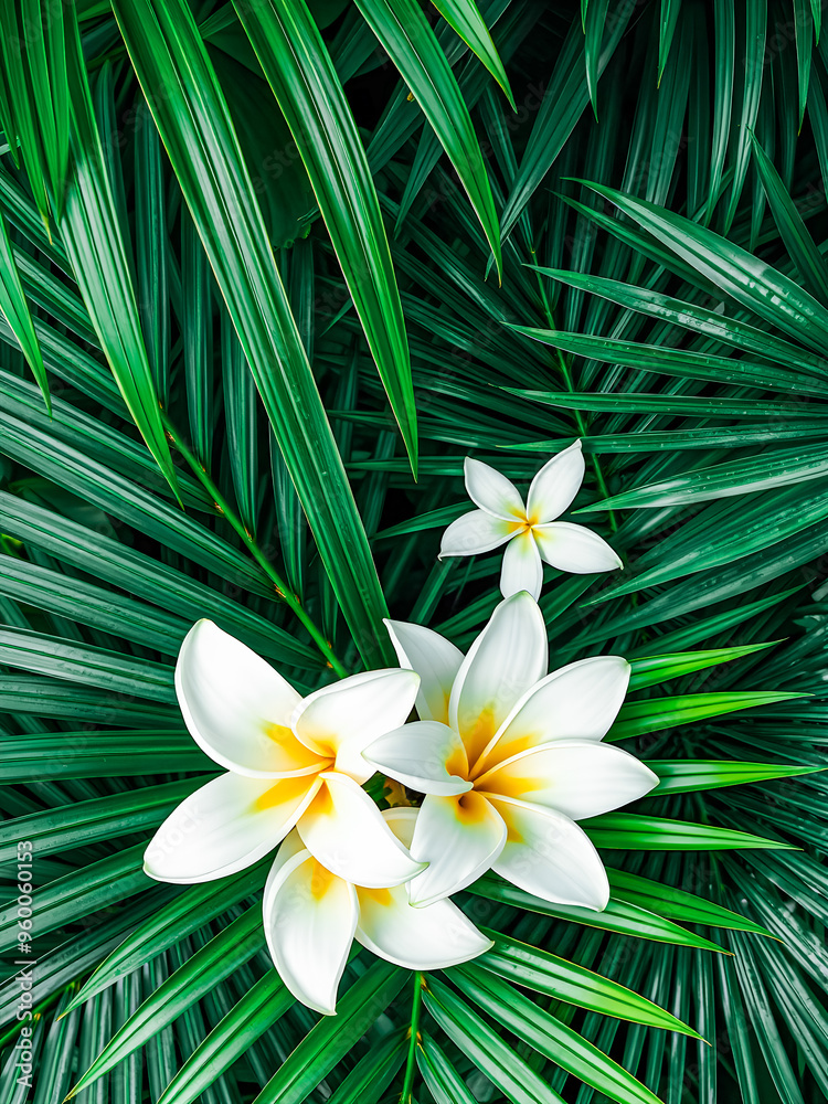Beautiful nature pattern, tropical palm leaves and white gold frangipani flower background, natural beauty. Blooming floral background, artistic wallpaper, natural light, green lush foliage. AI gen Beautiful nature pattern, tropical palm leaves and white gold frangipani flower background, natural beauty. Blooming floral background, artistic wallpaper, natural light, green lush foliage. AI gen