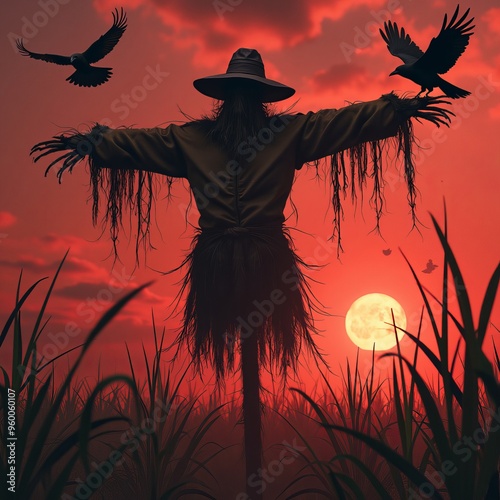 Eerie Scarecrow Silhouetted Against a Blood Red Sunset