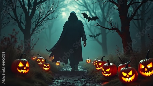 Haunted Forest Path with a Mysterious Figure