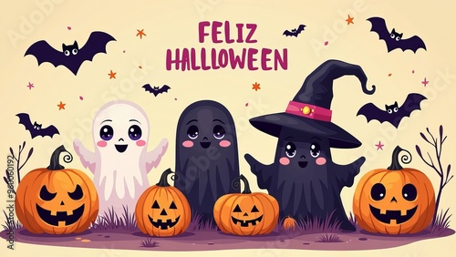 Adorable Halloween Cartoon Ghosts and Pumpkins with Witch Hat and Bats – Cute Spooky Illustration