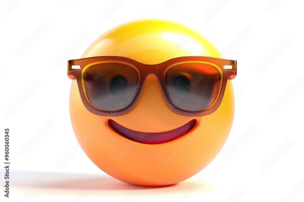 A cool face emoji icon with sunglasses and a glossy finish isolated on a white background A cool face emoji icon with sunglasses and a glossy finish isolated on a white background