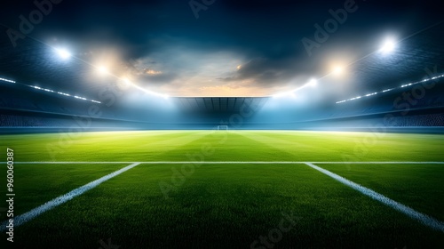 Podium on soccer field in stadium, surrounded by empty seats, dramatic lighting