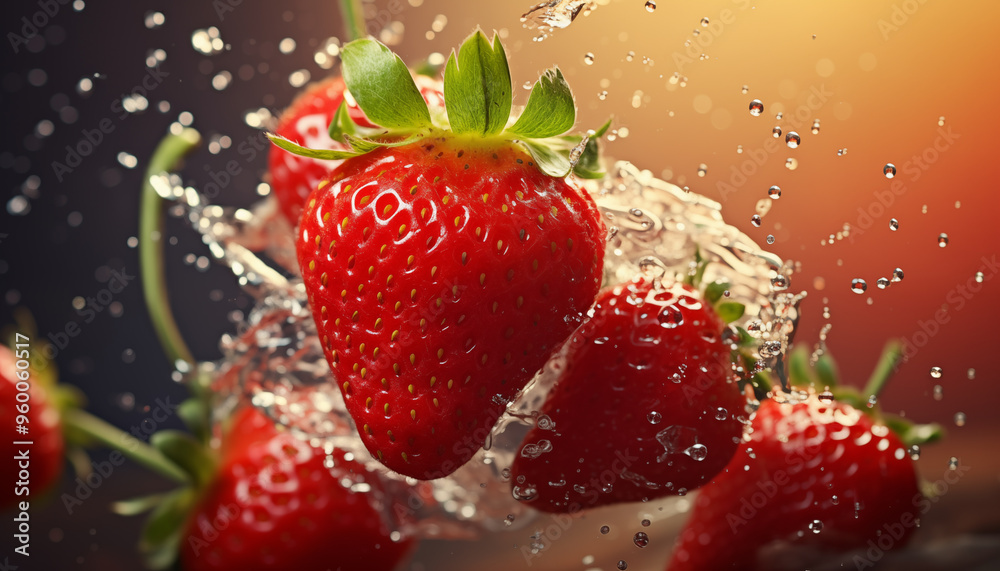 Fresh Red Strawberries Splashing in Water Fresh Red Strawberries Splashing in Water