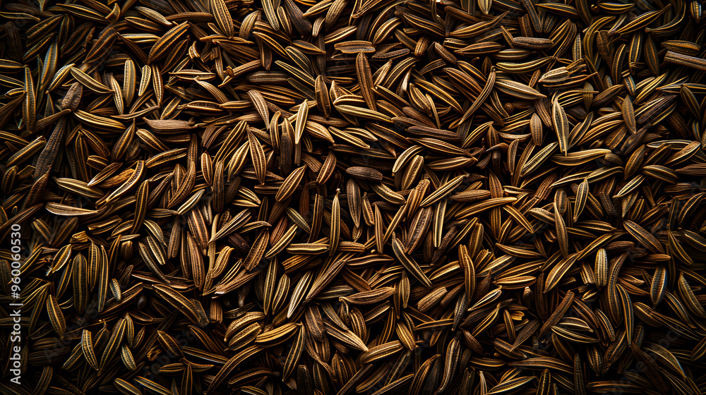A detailed close-up of raw caraway seeds, showcasing their natural texture and earthy tones, perfect for food, spice, and agricultural themes. A detailed close-up of raw caraway seeds, showcasing their natural texture and earthy tones, perfect for food, spice, and agricultural themes.