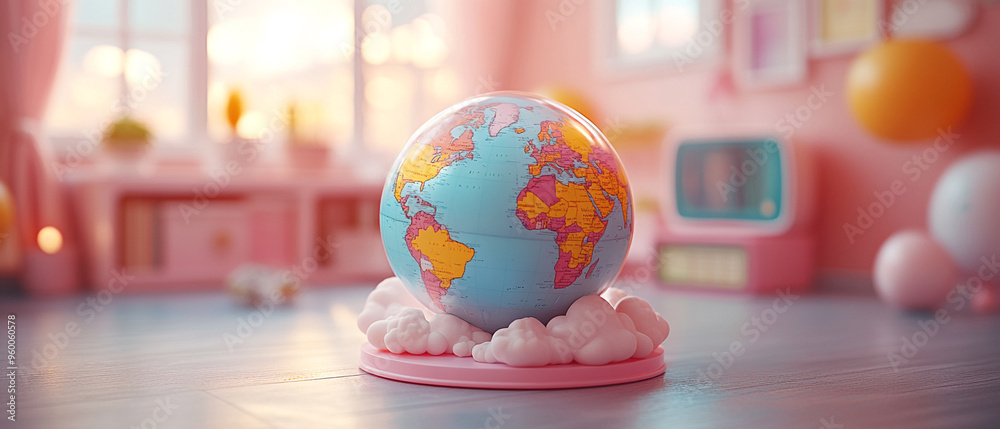 Whimsical globe on pastel cloud base in cozy room, showcasing vibrant continents and beautiful colors, perfect for playful decor. Whimsical globe on pastel cloud base in cozy room, showcasing vibrant continents and beautiful colors, perfect for playful decor.