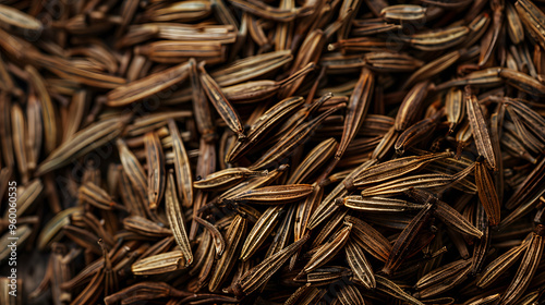 A detailed close-up of raw caraway seeds, showcasing their natural texture and dark hues, perfect for culinary and agricultural themes.