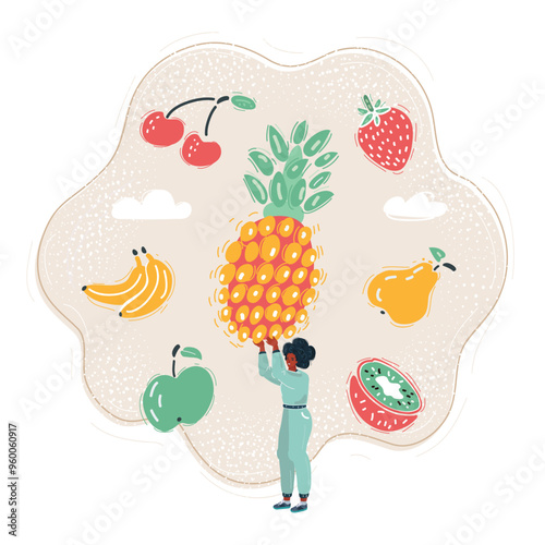 Cartoon vector illustration of woman get big fruit and run with it on dark background.