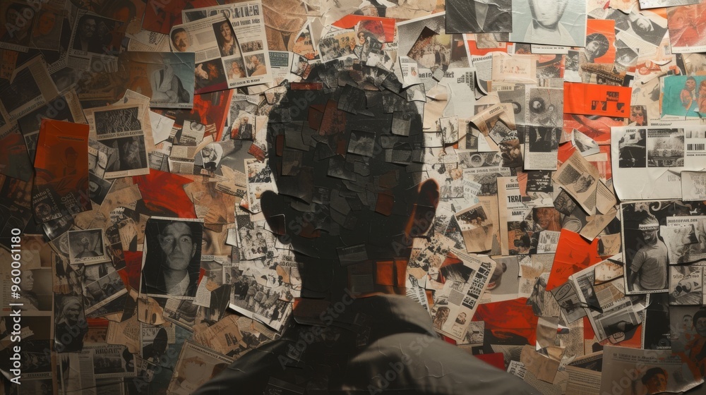 Man silhouetted against a collage of photographs and documents. Back view.