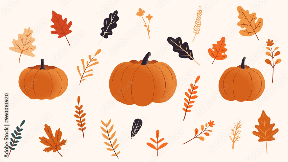 set of autumn elements, leaves, pumpkins, berries. decorations, design elements, horizontal banner set of autumn elements, leaves, pumpkins, berries. decorations, design elements, horizontal banner