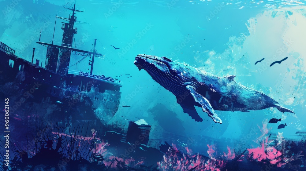 Scene of a whale near a shipwreck flat design side view underwater ruins theme water color Triadic Color Scheme Scene of a whale near a shipwreck flat design side view underwater ruins theme water color Triadic Color Scheme