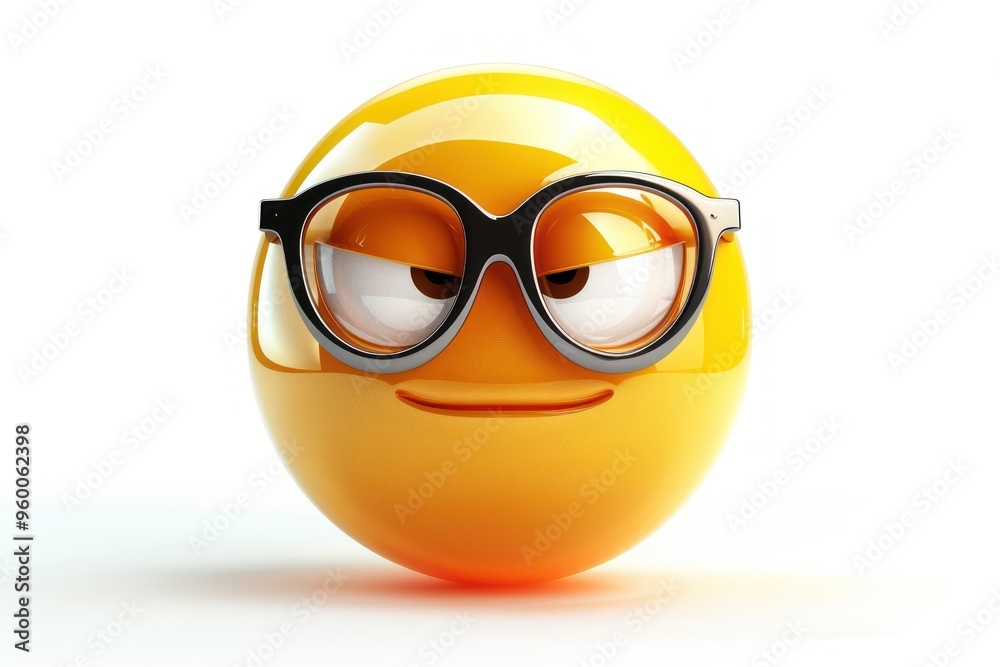 A nerd face emoji icon with a glossy reflective surface isolated on a white background A nerd face emoji icon with a glossy reflective surface isolated on a white background