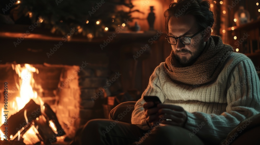 A cozy winter scene depicting a man in a warm sweater and scarf, using his smartphone by a fireplace. The dim lighting and warm colors create a relaxed and inviting atmosphere, perfect for a peaceful A cozy winter scene depicting a man in a warm sweater and scarf, using his smartphone by a fireplace. The dim lighting and warm colors create a relaxed and inviting atmosphere, perfect for a peaceful