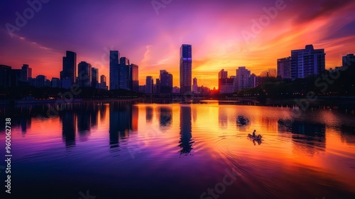 city skyline silhouette at sunset with water mirror reflection