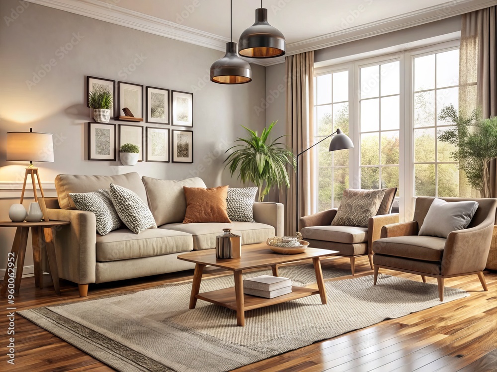 Fototapeta premium Cozy living room interior with comfortable sofa, armchair, and coffee table in neutral tones