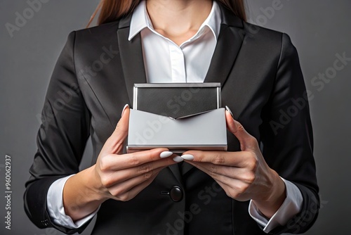 Polished female hands hold a sleek black business card holder, displaying crisp white cards with elegant silver font, on a minimalist gray background. photo