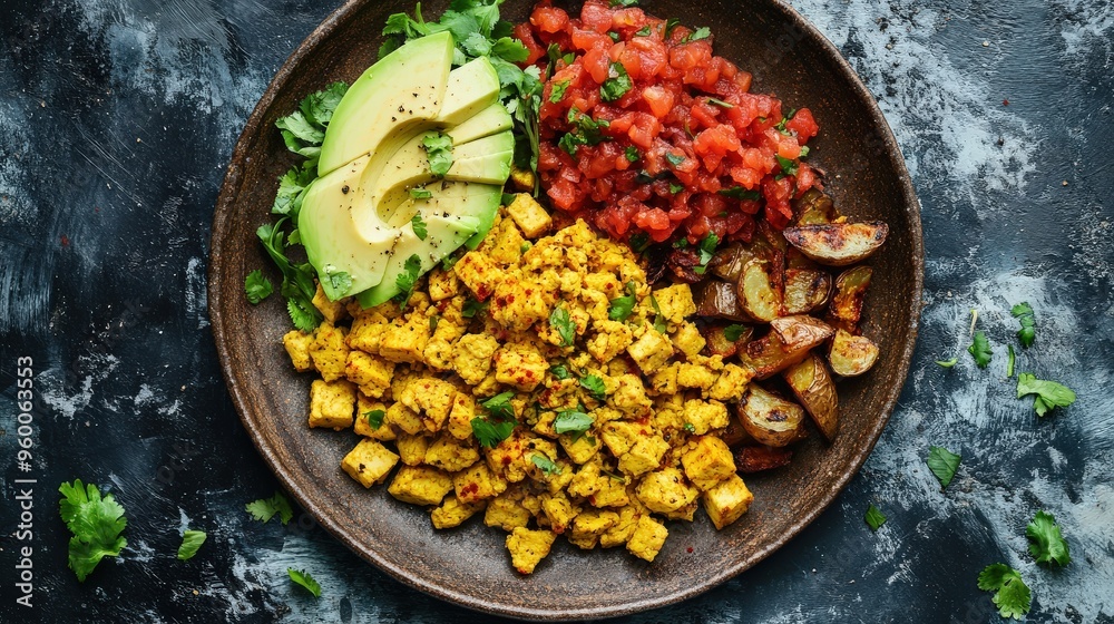 A colorful plate features tofu scramble, creamy avocado, fresh salsa, roasted potatoes, and cilantro, making for a nutritious and delicious meal A colorful plate features tofu scramble, creamy avocado, fresh salsa, roasted potatoes, and cilantro, making for a nutritious and delicious meal