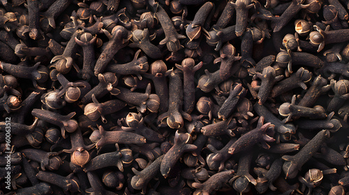 A close-up shot of dried whole cloves, showcasing their texture and earthy brown color. Ideal for themes related to spices, cooking, and natural ingredients. photo