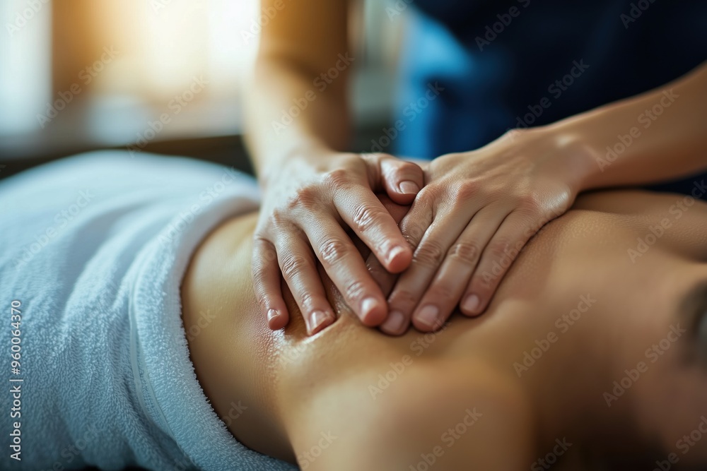 Skilled masseuse gives a soothing back massage to a relaxed customer in a serene spa setting, promoting relaxation and wellness Skilled masseuse gives a soothing back massage to a relaxed customer in a serene spa setting, promoting relaxation and wellness