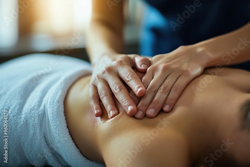 Skilled masseuse gives a soothing back massage to a relaxed customer in a serene spa setting, promoting relaxation and wellness