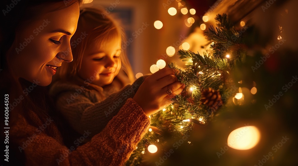Mother and Child Smiling While Decorating a Mantel with Christmas Garland and Lights Mother and Child Smiling While Decorating a Mantel with Christmas Garland and Lights