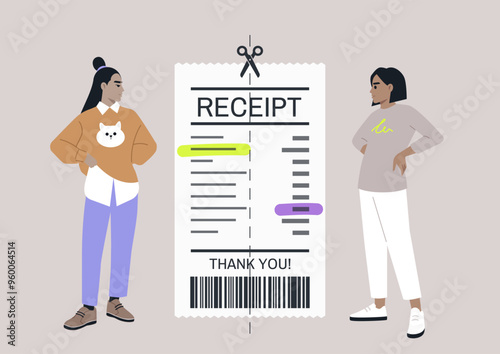 Two partners or friends stand beside a detailed receipt in a light-hearted moment, discussing how to fairly split the bill after enjoying a delightful day at a café