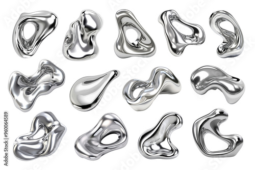 PNG 3D liquid chrome abstract shape element set, transparent background photo