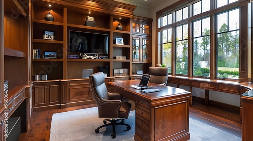 Imagine the functional design of a home office with a large desk and plenty of storage  photo