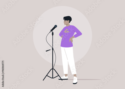 A performer with a stylish purple top and white pants exudes confidence as they prepare to engage the crowd, standing next to a sleek microphone during a lively event