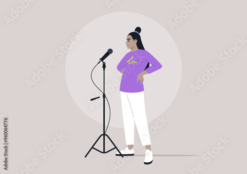 A performer with a stylish purple top and white pants exudes confidence as they prepare to engage the crowd, standing next to a sleek microphone during a lively event