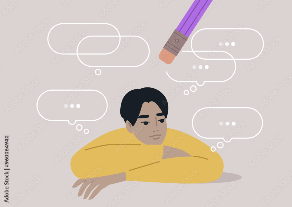 A young character leans on their arms, lost in thought, while an eraser appears to wipe away their swirling ideas, representing the struggle against overthinking in a serene environment A young character leans on their arms, lost in thought, while an eraser appears to wipe away their swirling ideas, representing the struggle against overthinking in a serene environment